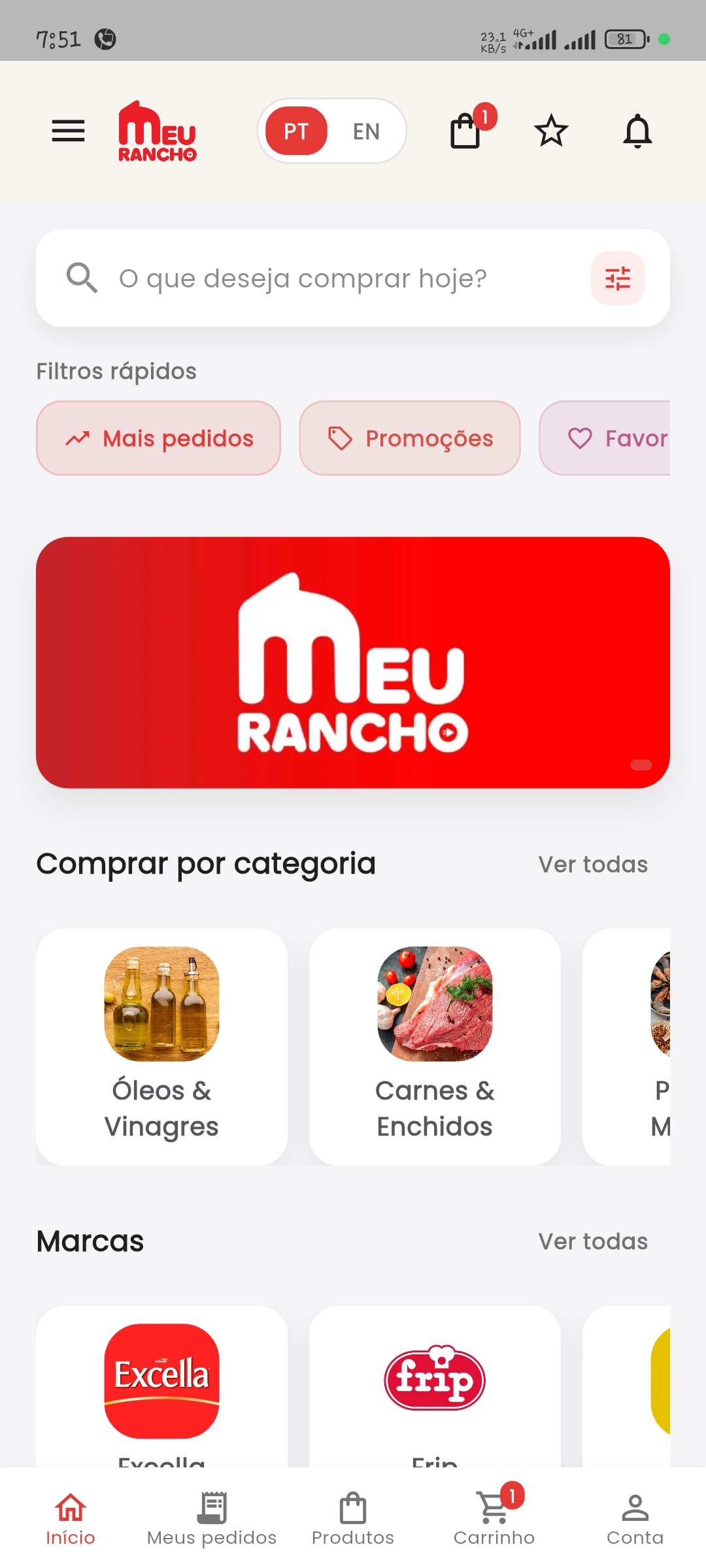Tela inicial do app Meu Rancho
